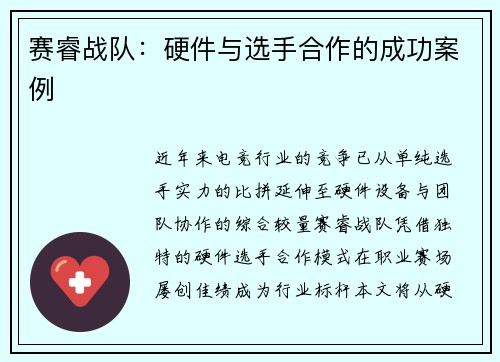 赛睿战队：硬件与选手合作的成功案例