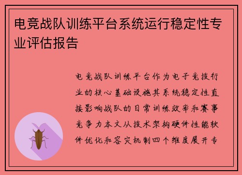 电竞战队训练平台系统运行稳定性专业评估报告