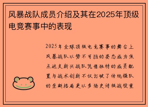 风暴战队成员介绍及其在2025年顶级电竞赛事中的表现