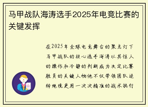 马甲战队海涛选手2025年电竞比赛的关键发挥